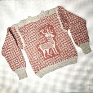 Lillunn Vintage Rust Tan Norwegian Inspired Reindeer Pullover Wool Knit Sweater